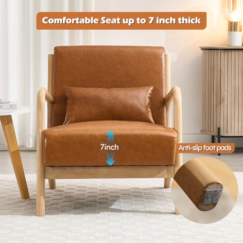 Image of INZOY Mid Century Modern Accent Chair with Wood Frame, Upholstered Living Room Chairs with Waist Cushion, Reading Armchair for Bedroom Sunroom, Light Brown