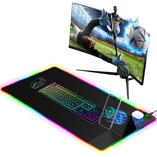 Image of Mouse Pad with Foldable Phone Holder & Wireless Charger, XXL RGB Gaming Mousepad 31.5 inchx15.8 inch Large Desk Mat for Keyboard, Black Desk Pad with Dual Qi Charging Station | 11 Colors 5 Modes | Waterproof