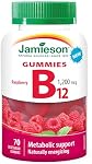 Jamieson Vitamine B12 1 200 mcg Gummies Saveur Framboise Naturelle, Énergisant Naturel, et Soutient le Métabolisme. Végétarien, Non-OGM, Sans Gluten, Sans Arômes, Couleurs ou Conservateurs Artificiels, 70 Comptes, Fièrement Canadien