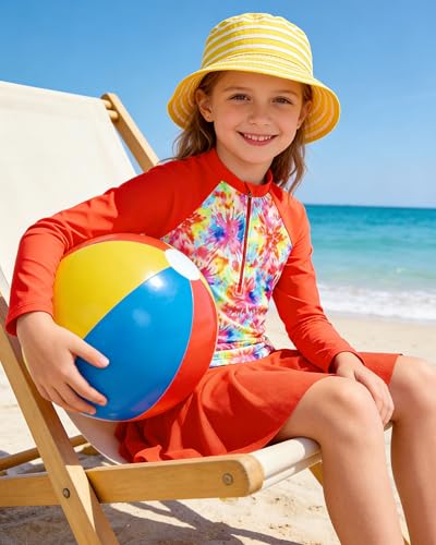 Image of Girls Rash Guard Swimsuit Long Sleeve Bathing Suits with Swim Skirt Shorts Two Piece Sun Protection Swimwear for 3-12 Years