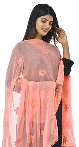 Image of YOUTHQUAKE Flower Embroidered Diamond Work Chiffon Dupatta for Womens & Girls With 4 Side Lace