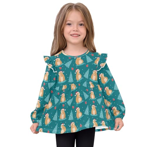 Christmas Cute Capybara Girls Shirts Cotton Long Sleeve Ruffle Toddler Tee Tops3