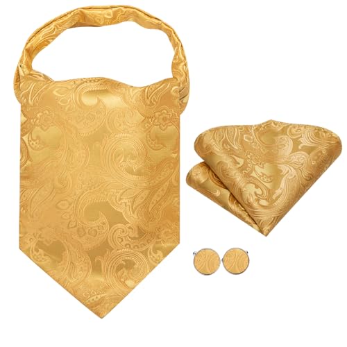 Image of Hi-Tie Silk Ascot for Men Self Tie Men's Cravat and Flower Lapel Pin Handkerchief Cufflinks Set for Wedding Party