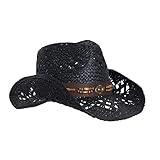 Vamuss Straw Cowboy Hat W/Vegan Leather Band & Beads, Shapeable Brim (Black)