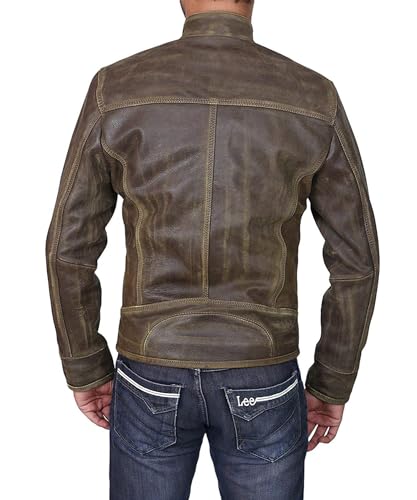Image of Men's Leather Jacket Cafe Racer Biker Style Retro Stripes Jacket, Motorcycle Racing Leather Jacket (US, Alpha, 4X-Large, Regular, Regular, S16) Vintage Brown Jacket