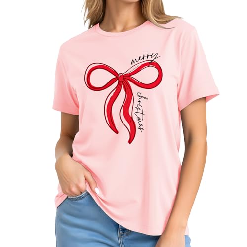 Image of Merry Christmas Shirts for Women - Xmas Bow Short Sleeve Festive Holiday Pink Ribbon Tee Tops