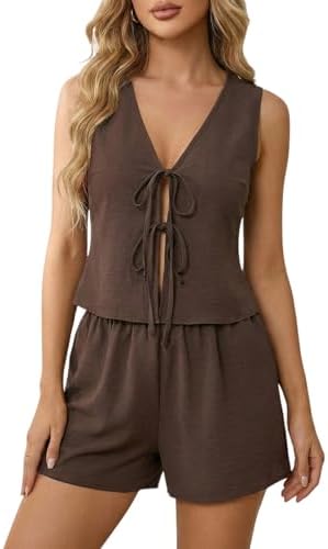 SOLY HUX Women's Summer 2 Piece Outfits Sleeveless V Neck Tie Fro...