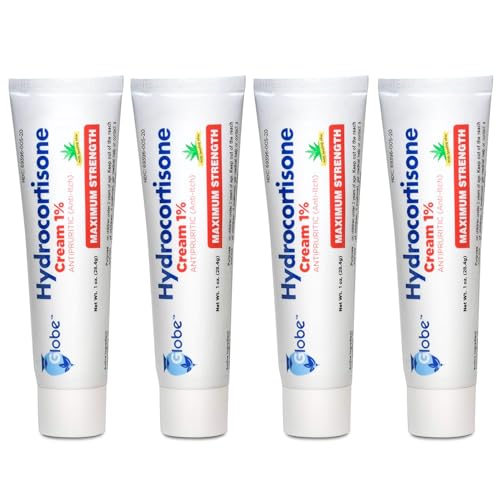 Globe (4 Pack) Hydrocortisone Maximum Strength Anti-Itch Cream 1% w/Aloe, Intensive Formula for Redness, Rash, Bug & Mosquito Bites, Eczema, Hemorrhoids, Sensitive Skin, Instant Itch Relief,1 oz Tube