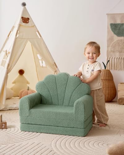 Image of Blissful Diary Foldable Kids Couch, 2-in-1 Kids Sofa Chair, Green Shell | 50.8 inch Fold-Out Play Area, Supportive Foam, Washable Cover, Carry Handle, Pre-Assembled, Kid-Safe Zipper