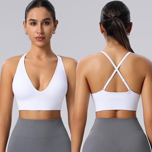Image of Evercute Women's Sports Bras 3 /4 Pack Adjustable Deep V Neck Bras Wireless Spaghetti Strap Criss Cross Padded Low Support Bra
