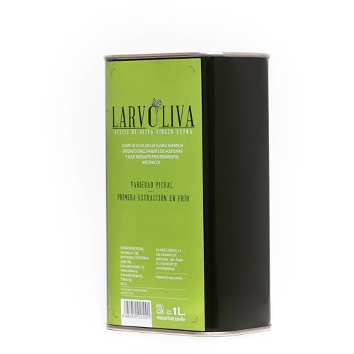 Larvoliva Aceite de Oliva Virgen Extra, Variedad Picual, Primera Extracción en Frío, Filtrado, Origen Jaén, Lata 1 Litro