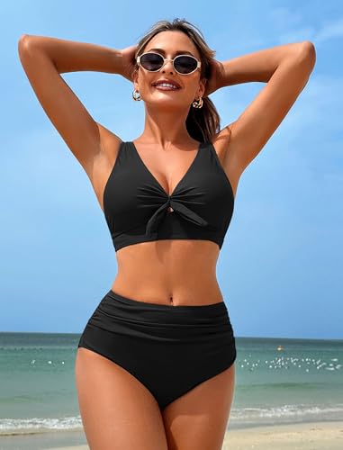 ZAFUL High Waisted Bikini Sets for Women Bathing Suit 2 Piece Swimsuit 2025 Push Up Tummy Control Vintage Modest Swim Suits Cheeky Cute Swimwear Black S — view 2