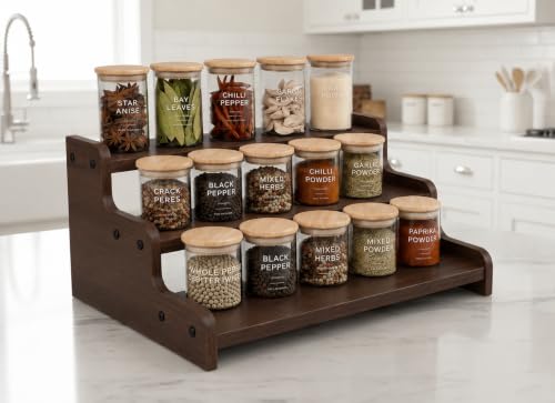 Image of FireBees Kitchen Organizer Rack | 3 Tier Wooden Kitchen Shelf Organisers & Shelf Riser for Counter Top | Wooden Kitchen Storage Stand | Rack for Spice Bottles, Jars, Seasonings (Brown)