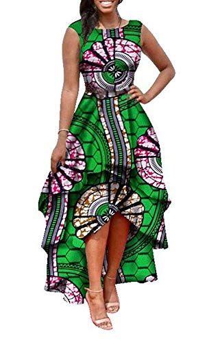Yeshire Women's African Print Sleeveless High Low Dashik Formal Prom Peplum Flare Midi Party Dresses Large Green