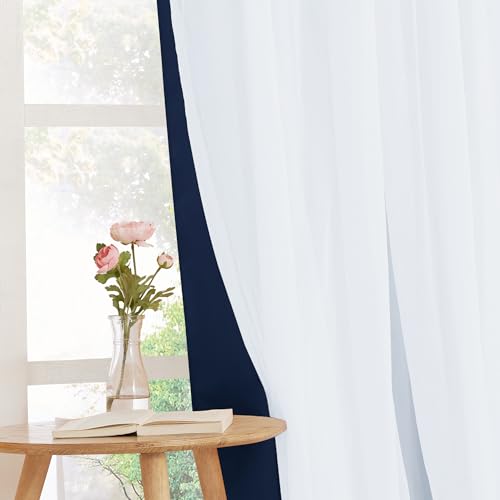 Image of PONY DANCE Navy Blue Double Layered Curtains with Sheer Overlay, 52W x 84L