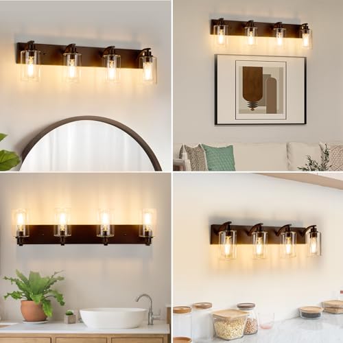 Image of 4-Light Bathroom Light Fixtures Modern ORB Vanity Lights | Easy to Install Clear Glass Shades, Wall Mount Up or Down, E26 Socket, Hardwired, 122V