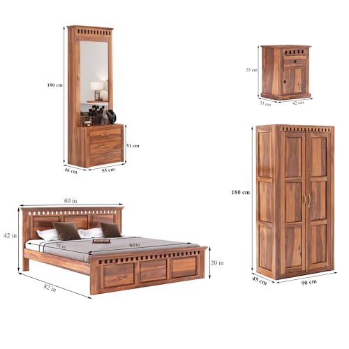 Image of SONA ART & CRAFTS Kuber Solid Sheesham Wood Bedroom Set | Queen Size Bed Without Storage, Wardrobe, Dressing Table & Two Bedside Tables - Natural Finish (Assembly Included)