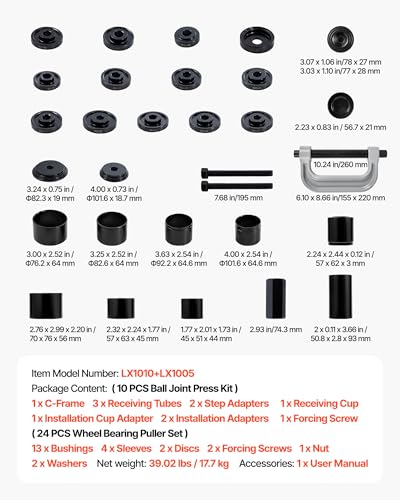 Image of VEVOR 10pcs Ball Joint Press & 24pcs Wheel Bearing Race and Seal Driver Set with 13 Bushings, C-Frame and Sleeves, 2 in 1 Bearing Press Kit, Heavy Duty Removal Installation Set