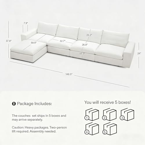 Image of Cloud Couch Sectional 146.5'' Oversized Modular Deep Seat Sofa L Shaped Comfy White Cloud Couch with Washable Cover for Living Room 4 Seater with 1 Ottoman