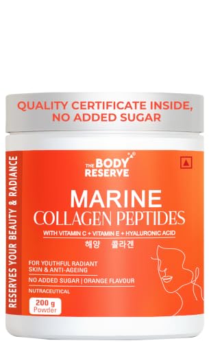 Image of The Body Reserve Marine Collagen Peptides (Orange, 200g) | With Vitamin C, Vitamin E, Sodium Hyaluronate & Biotin | Supplement for Healthy Skin, Hair & Nails | Hydrolyzed Fish Powder for Women & Men