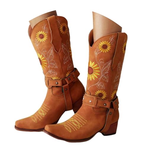 Cowboy Boots for Women Square Toe Sunflower Western Cowgirl Boots Mid Calf Buckle Embroidered Fashion slip on Boot