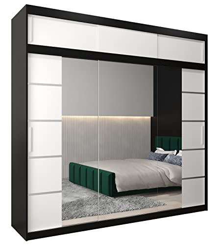 ABIKSMEBLE Verona 4 250 Armario 2 Puertas Correderas para Dormitorio - Armario Moderno con Espejo, Barra y Estantes - 250x240x62 cm (Ancho x Alto x Fondo) - Negro Mate + Bianco Mate con Extensión
