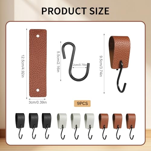 VARKAGE S Haken Schwarz mit Lederschlaufe, 9 Stück Haken Garderobenhaken Kleiderhaken Metallhaken, Mehrzweckhaken mit Lederschlaufe Campinghaken für Garderobe Kleiderstange Stange Küche Badezimmer