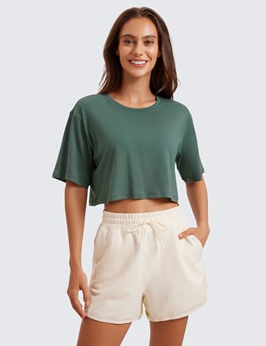 Image of CRZ YOGA Pima Cotton High Neck Crop T-Shirt | Workout, Naturally Soft, Loose Fit, Short Sleeve Tops for Women