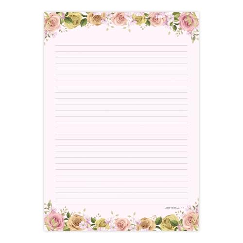 Image of A4 Designer Paper Sheets - 100 GSM Writing Paper - One Side Ruled One Side Blank - For School Projects, Assignments, Office Use & Printing - Floral Theme - 25 each design (100 Sheets)