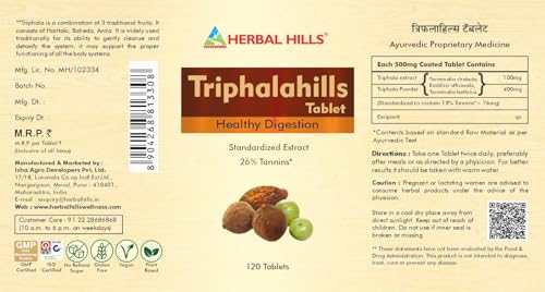 Image of Herbal Hills Triphala Tablets, (120 Tablets Pack) | Supports Healthy Digestion & Detox | Triphalahills Supplement For Constipation, Gut Cleanse & Metabolism | With Amla, Haritaki & Baheda
