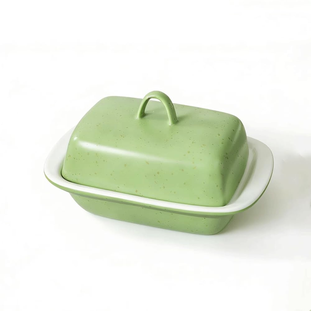 Ceramic Butter Dish with Lid - Green Speckled Butter Keeper for Countertop or Fridge, Easy to Clean Butter Holder Container, Perfect for Standard Butter Sticks