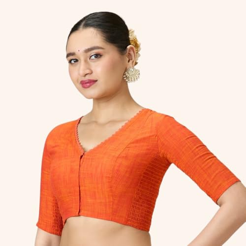Image of Studio Shringaar Women's Handloom Cotton Side Stretchable (Smocked) Readymade Saree Blouse with Crochet Neckline