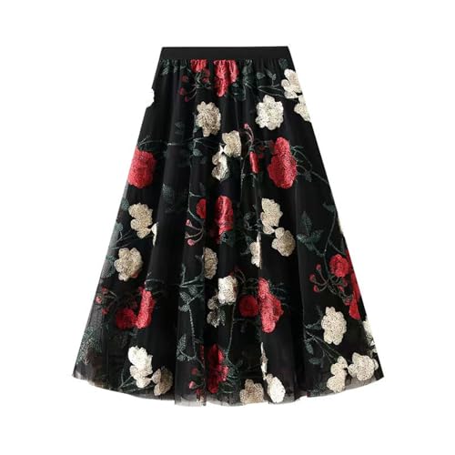 Women Vintage Floral Embroidered Tulle Midi Skirt Retro 50s Party Elastic High Waist Pleated A-line Swing Mesh Skirts3