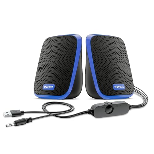 Image of Intex IT-120 2.0 Channel Desktop Speaker with 10W Powerful Sound, USB Powered, 3.5mm Jack, in-Line Volume Control, Loud & Compact Design, Portable for Laptop, Computer, Mobile - Blue