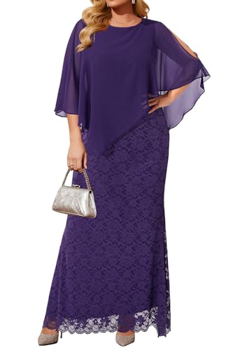 Image of Women's Plus Size Cape Dress with Chiffon Overlay Gown Formal Evening Lace Long Mermaid Dresses 2024