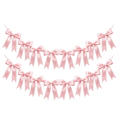 2 Strings of 16PCS Pink Bow Garlands Banner Decoration,Pre-Strung Satin Ribbon Ornaments for Birthday,Bachelorette Party,Bridal Shower, Wedding,Engagement,Baby Shower, Graduation Deco,Anniversary