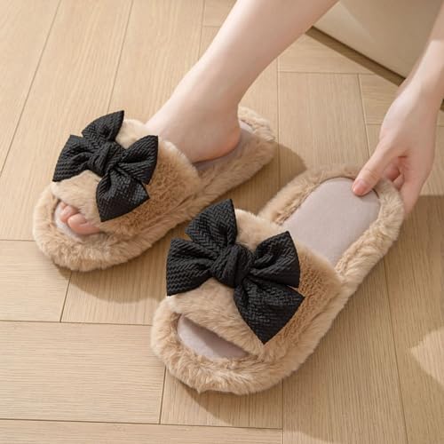 Pink Slippers Women's Sandal Bow Slippers Cotton Plush Fuzzy Bowknot Slides Warm Cute Kawaii Aesthetic Home House Bedroom Shoes Flat Non-Slip Indoor2