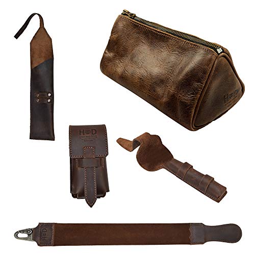 Hide & Drink, Barber Mega Pack (Set of 5), Leather Razor Strop, Case for Straight Razor, Double Edge Safety Razor & Brush, and Toiletry Bag, For Shaving, Handmade :: Bourbon Brown