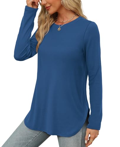 Image of XIEERDUO Womens Long Sleeve Round Neck Shirts Side Split Basic Loose Tunic Tops Casual 2026