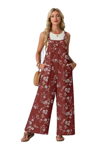 Lepunuo Jumpsuits for Women Summer Casual Boho Wide Leg Overalls Floral Flowy Rompers Beach Vacation with Pockets — view 3