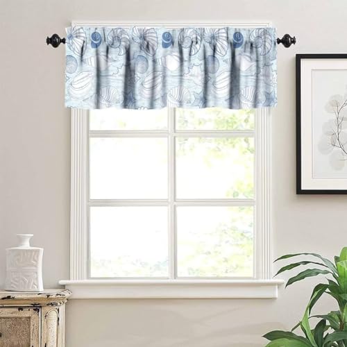Image of Seashell Kitchen Valance Curtain, Vintage Blue Coastal Corals Sea Beach Sealife Theme Window Treatment Valances for Kitchen Living Room Cafe Decor 54'x18', 1 Panel