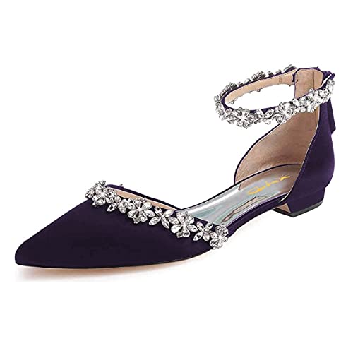 Image of XYD Women Classic Pointed Toe D'Orsay Wedding Flat Sandals Sparkly Rhinestones Ankle Strap Low Heel Dress Shoes with Zipper
