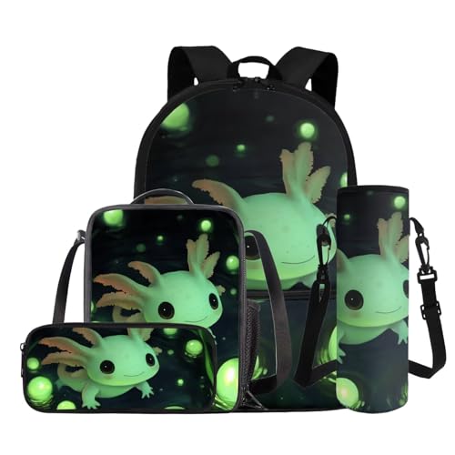 Glowing Green Bubble Axolotl Backpack for School 4 Pcs Boys Bookbag Age 6-8 Large Capacity Kids School Bag with Lunch Bag for Primary School Casual Daypack