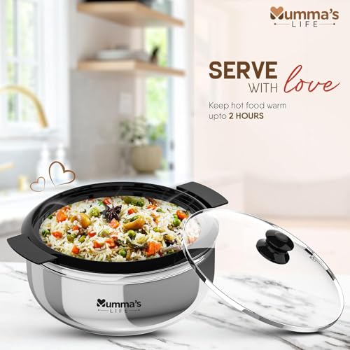 Image of Mumma's LIFE- Stainless Steel Thermoware Casserole with Glass Lid| Hot Pot Roti Box with Lid Set of 2 (Silver, 2500ml X 2pcs)