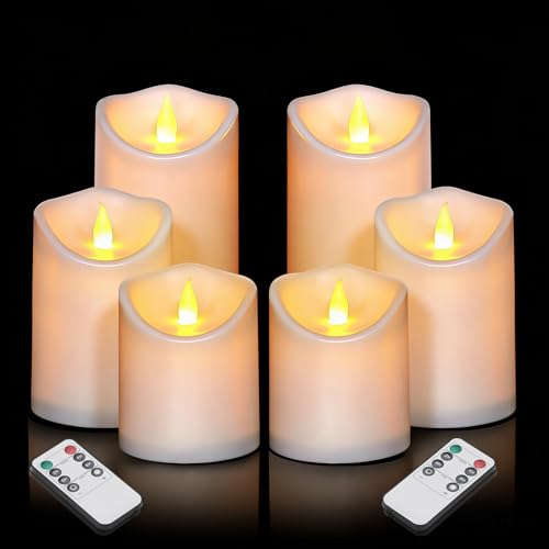 Image of Flameless Candles 4 inch 5 inch 6 inch Outdoor Indoor Pillars Battery Operated Flickering Candles Include 10-Key Remote Timer 400+ Hours by 2 AA Batteries (White Candle - Warm light, 3 inchD x 4 inch|5 inch|6 inch H - 6 Pack)