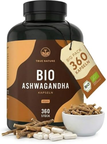 Bio Ashwagandha - 360 Kapseln (BIG PACK) - Hochdosierte 2600mg pro Tag (90 Tage) - 650mg pro Kapsel - indische Bio Schlafbeere - Vegan, Laborgeprüft, Deutsche Produktion - TRUE NATURE