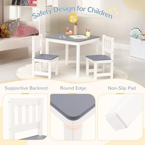 Curipeer Toddler Table and Chair Set, Kids Table and 2 Chair Set, Kids Table with Rubber Wood Legs for Children, Toddler Table and Chairs for Bedroom/Playroom/Kid\'s Room (Gray and White)