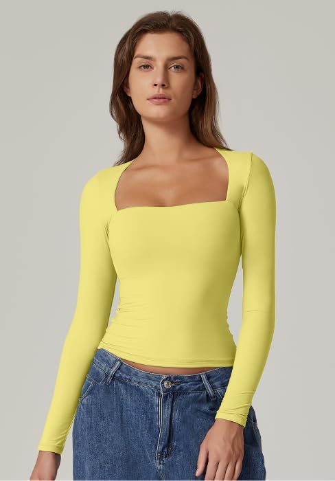 QINSEN Women's Sexy Square Neck Shirt Long Sleeve Double Lined Tees Fitted Going Out Tops - Image 4