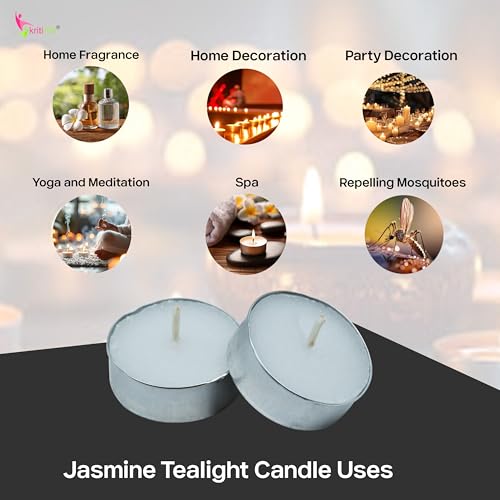 Image of Kriti Life Jasmine Scented Tealight Candles 100% Paraffin Wax 4.5 Hours | Smokeless Dripless White Candles for Home Meditation - Set of 50