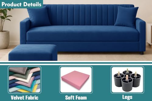 Image of 3 Seater Wooden Sofa Set with Ottoman for Living Room | Premium Velvet Fabric Wooden Frame | Modern Design | Comfortable Cushioned Sofafor Home, Office & Lounge | Blue